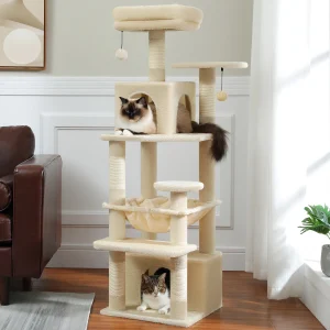 6-levels Cat Tree Tower Pompom, Cozy Hammock, Double Condos
