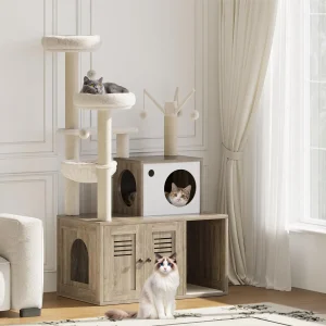 Modern Wooden Cat Tree With Hidden Litter Box