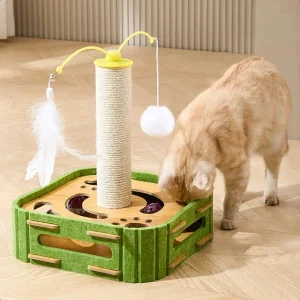 Interactive Cat Puzzle Toy Scratching Post with Spinning Balls Feathers
