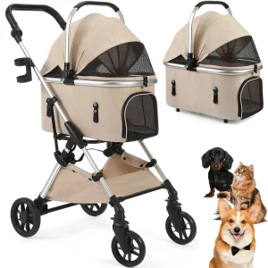 Pet Stroller with 4 Wheels Foldable Pet Travel Carrier